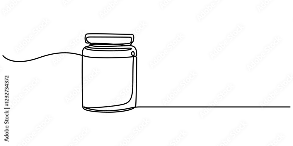 Poster glass canning jar in continuous line art drawing style. food preserve. minimalist black linear sketc