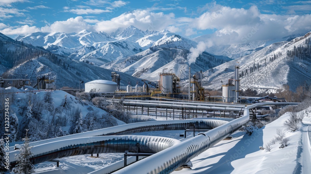 Poster This setting showcases a series of large pipelines transporting materials, with storage tanks visible against a backdrop of snow blanketed mountains under a bright blue sky.