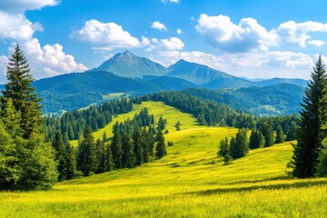Scenic Mountain Landscape with Lush Green Fields and Blue Sky