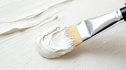 A flat brush with blonde bristles and a silver ferrule applies thick white paint to a textured...