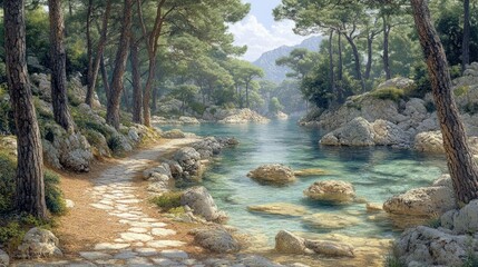 Obraz premium Coastal path, pine trees, clear water, Mediterranean mountains, scenic travel poster