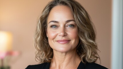Naklejka premium Portrait Of A Middle Aged Woman With Curly Hair In A Black Blazer