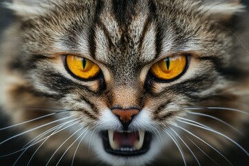 Fierce Close-Up of Cat with Intense Orange Eyes and Snarling Expression