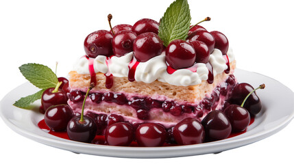 Cherry Cake Whipped Cream Dessert, Sweet Red Pastry for Bakery Displays, isolated on transparent background.