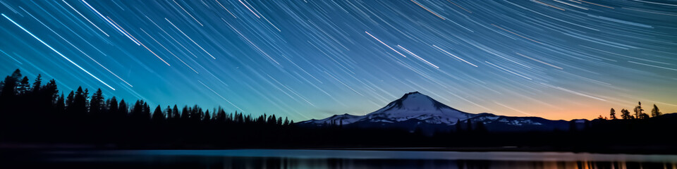 Fototapeta premium lake mountain background starry night sky symmetrical star trails above below breathtaking scene