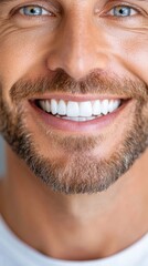 Fototapeta premium Close up of a man's bright, white smile. He has light skin, blue eyes, and a short, well groomed brown beard. The background is blurred and out of focus. The image is bright and cheerful.