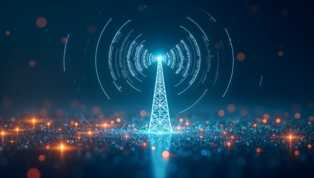 Abstract depiction of radio waves emanating from a radio tower, digital background, symbolizing connectivity and communication
