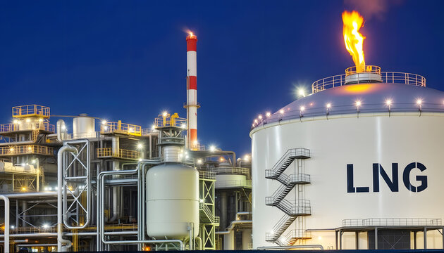 lng storage tanks and industrial plant with flare stack at night - energy production and natural gas processing facility