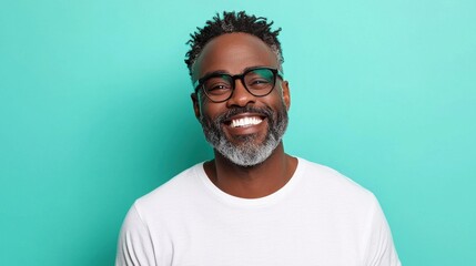 Obraz premium Smiling man with short gray hair and beard wearing glasses and a white sweater against a teal background. Happy, joyful expression, portrait style.