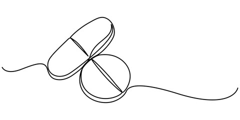 Obraz premium medicine tablet continuous one line drawing, Medicine Pills Single Line Icon, One Continuous Line Drawing of Medicine Pill Icon. Single Line Vector Illustration, Premium vector, Single line outline.