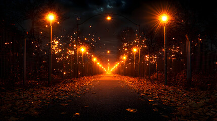 Autumn night park path, streetlights, fallen leaves
