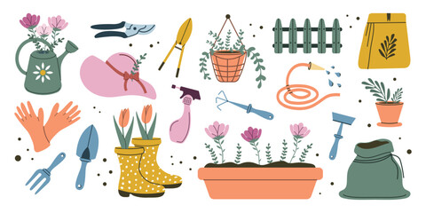 A hand-drawn gardening kit. Growing flowers. Flowers, working tools for the garden. Vector illustration