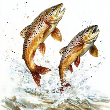 An illustration in watercolor showing a brown trout leaping from the water