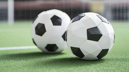 Soccer balls on field, goal in background, sports game