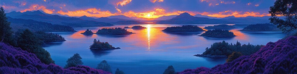 Obraz premium Stunning Sunset Over Serene Lake with Lush Islands and Vibrant Sky Reflection Surrounded by Majestic Mountains and Blooming Purple Flowers in Tranquil Landscape
