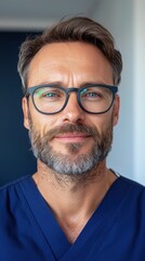 Obraz premium Portrait of a middle aged man with short graying hair and beard, wearing glasses and a dark blue medical scrub top. The background is blurred.