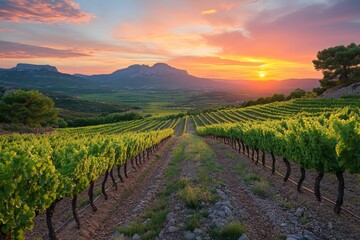 Obraz premium Scenic hillside with a vibrant sunset and trees in silhouette