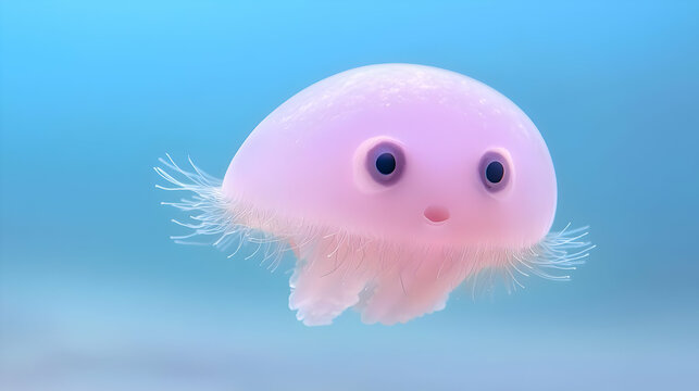 Cute pink jellyfish swimming underwater, blue background
