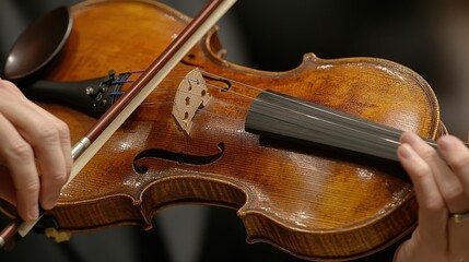Fototapeta premium Concert violinist playing violin close-up, blurred audience