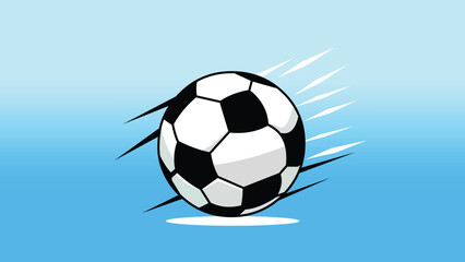 Classic black and white flying soccer ball in a flat design, isolated on a blue background. Vector illustration.