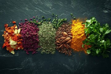 Assorted spices and herbs on a dark slate surface