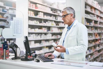 Pharmacy, medicine and doctor on computer search for pills information or system inventory in stock...