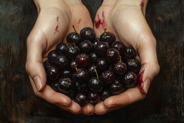 Hands holding freshly picked dark cherries