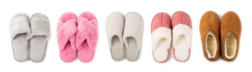 Soft slippers isolated on white background. Home slippers. Comfortable shoes for home. Foot care concept. Home comfort. Space for text. Copy space.