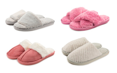 Soft slippers isolated on white background. Home slippers. Comfortable shoes for home. Foot care concept. Home comfort. Space for text. Copy space.