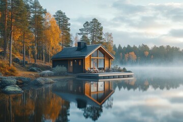 Obraz premium Wooden cabin on a lake surrounded by autumn trees