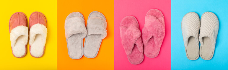 Soft slippers on a bright colored background, close-up. House slippers. Comfortable shoes for home....