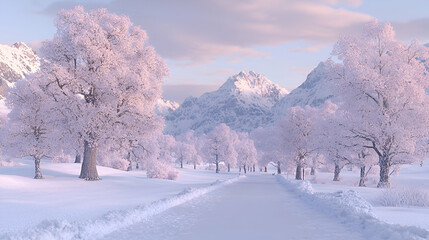 Snowy road through winter landscape, mountains background, idyllic winter scene, postcard