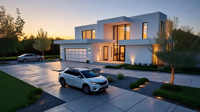 Modern Luxury House with Large Windows, Minimalist Architecture, Driveway, and Two Parked Cars at Sunset

