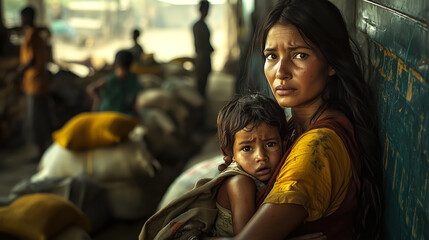 A distressed mother clings to her young child in a crowded refugee camp, both with dirt-streaked faces, surrounded by sacks and people, symbolizing hardship, fear, and survival