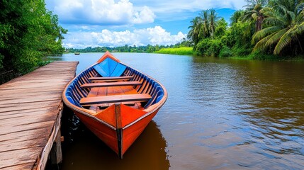 Obraz premium Serene River Scene With Small Wooden Boat At Dock