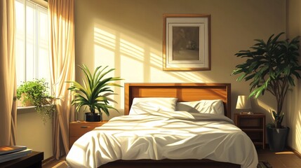 Cozy Bedroom with Natural Light and Indoor Plants in Soft Colors