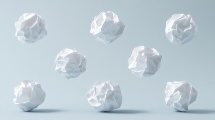 crumpled white paper balls on a light blue background