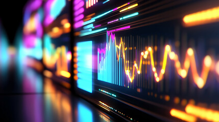 Graphs and metrics illuminate the digital space with vibrant colors, showcasing data trends