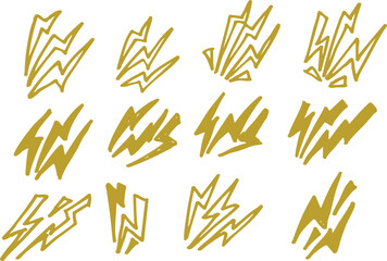 collection of hand drawn symbols of lightning, lightning, energy, power, lightning doodles in vector	
