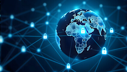 cybersecurity concept with digital world map and lock icons representing global network security and data protection