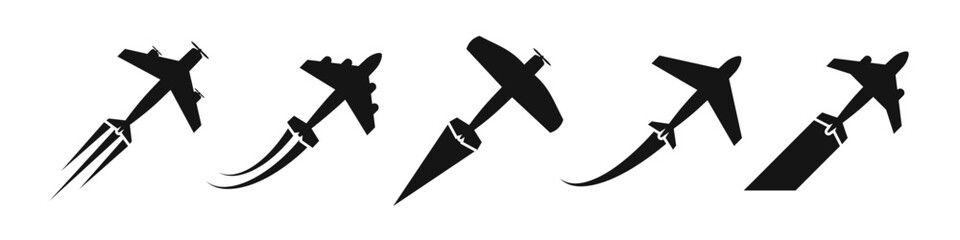 Flying plane icons. Airplane silhouettes. Aircraft vector icon set. Airplane flight