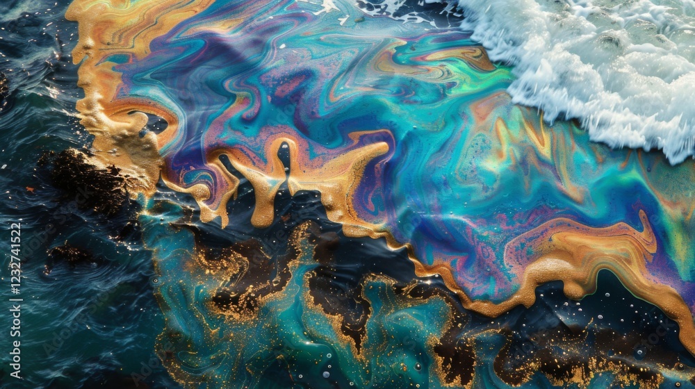 Poster bright oil slick spreads across the water, creating a vivid display of colors as waves crash onto th