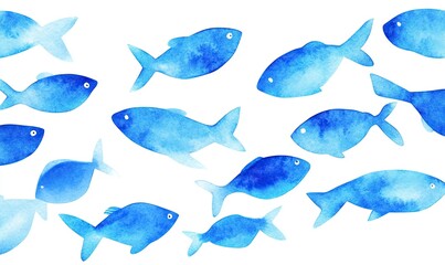 Watercolor depiction of fish group silhouettes against a white backdrop