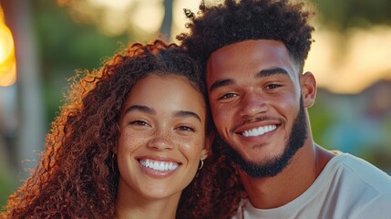 Naklejka premium Close up portrait of a young happy couple smiling, embracing outdoors in warm sunset light. Woman with freckles and curly hair, man with short beard and curly hair. Bright, joyful mood.