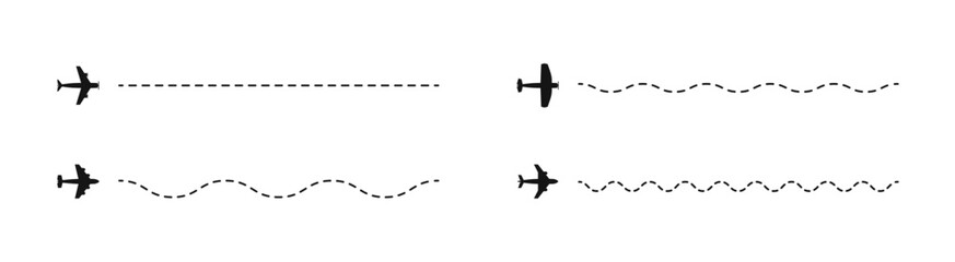 Airplane routes set. Plane routes. Dotted line path with airplanes.
