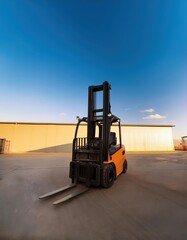 Industrial power. Orange forklift parked outside a warehouse under blue sky