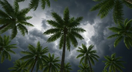 Obraz premium Dramatic stormy sky with tropical palm trees and lightning