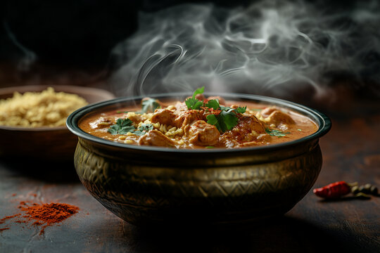 Spicy chicken korma in brass bowl with saffron rice