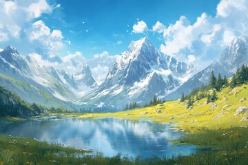 Fototapeta premium Scenic view of high mountain meadows with majestic mountains and tranquil waters, captured from a low angle . scenics - nature