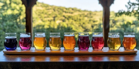 Vibrant Craft Beer Flight on Rustic Outdoor Table with Scenic Mountain View | Assorted Colorful Tasting Glasses for Brewery Enthusiasts and Nature Lovers